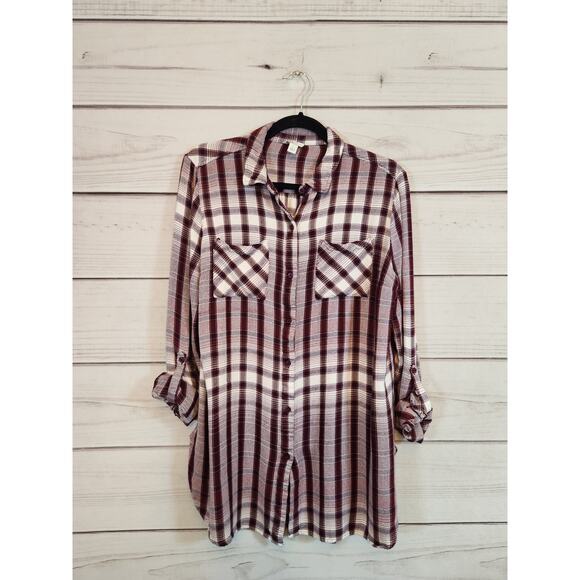 Cato Womens Red White Plaid Flannel Roll Tab Sleeve Button Down Shirt Size Large - Picture 1 of 6